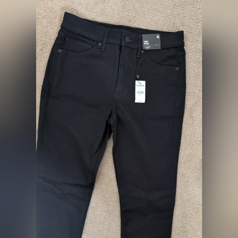 Express Mid Rise Skinny Black Frayed Fringe Hem Long Denim/ Jeans - Picture 2 of 14